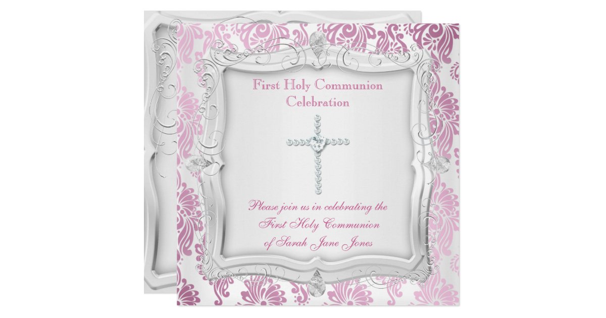 girl first holy communion pink silver cross invitation photo invitation postcards