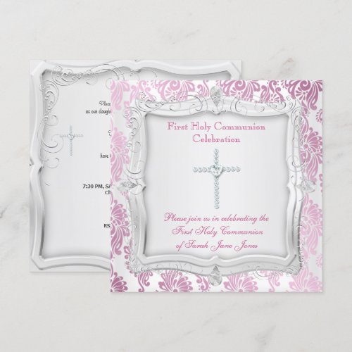 Girl First Holy Communion Pink Silver Cross Invitations