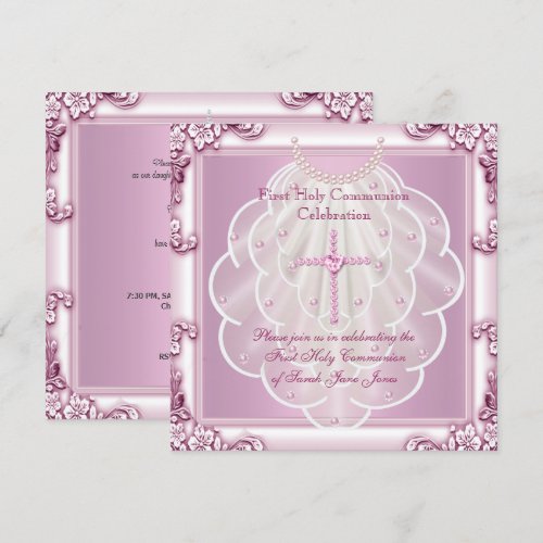 Girl First Holy Communion Pink Veil Pink Cross Custom Invites