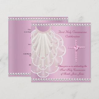 Girl First Holy Communion Pink Veil Pink Pearl Invitation