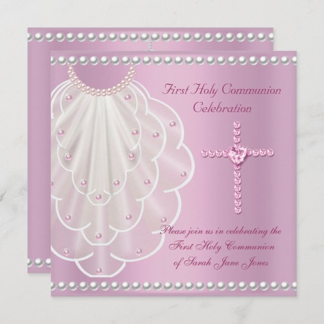 Girl First Holy Communion Pink Veil Pink Pearl Invitation (Front/Back)