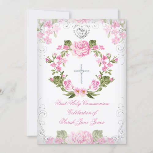 Girl First Holy Communion Pink Vintage Floral 2 Invitation
