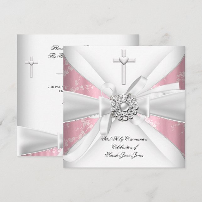 Girl First Holy Communion Pink White Blossom Invitation (Front/Back)