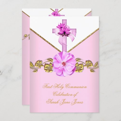 Girl First Holy Communion Pink White Flower 3 Invitation