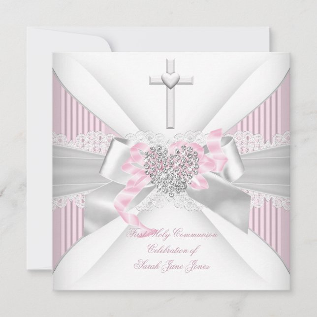 Girl First Holy Communion Pink White Gray Heart 2 Invitation (Front)