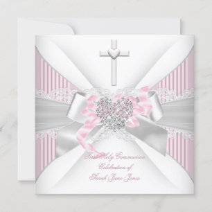 Girl First Holy Communion Pink White Gray Heart 2 Invitation