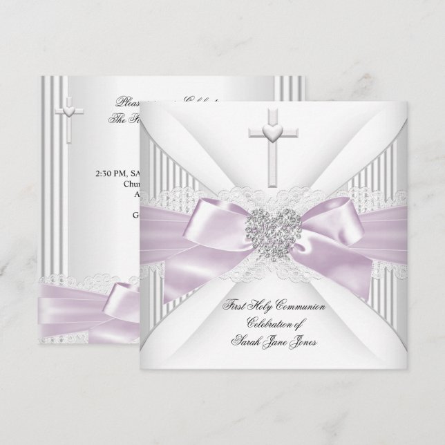 Girl First Holy Communion Pink White Gray Heart Invitation (Front/Back)