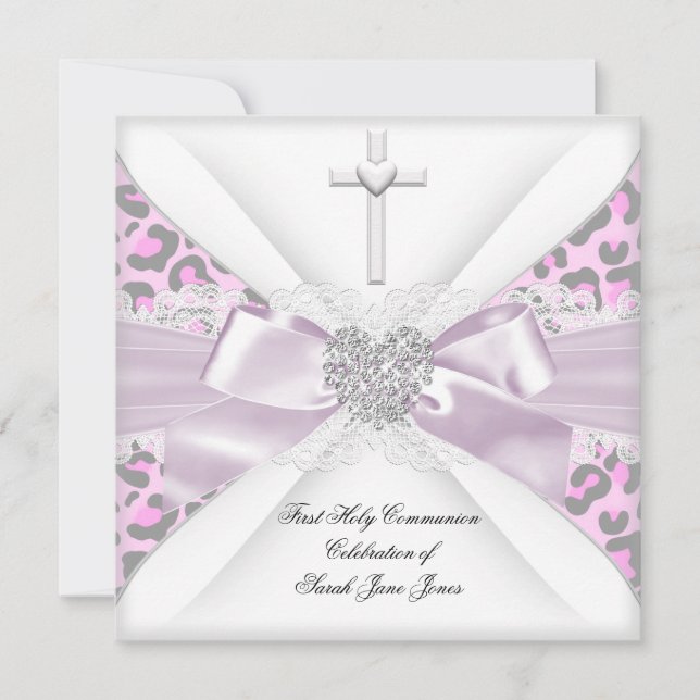 Girl First Holy Communion Pink White Gray Leopard Invitation (Front)