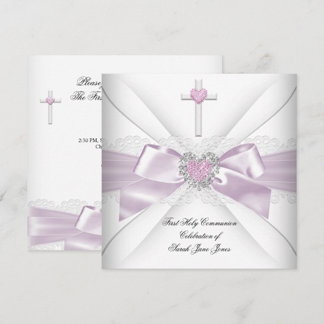 Girl First Holy Communion Pink White Heart Order Invitation (Front/Back)