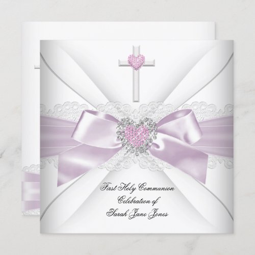 Girl First Holy Communion Pink White Heart Order Invitation
