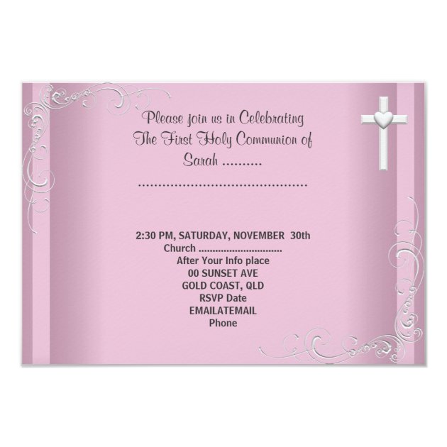 Girl First Holy Communion Pink White Silver Invitation