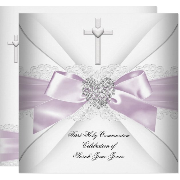 Girl First Holy Communion Pink White Silver Heart Invitation