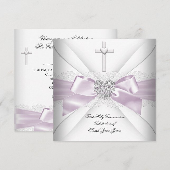 Girl First Holy Communion Pink White Silver Heart Invitation (Front/Back)