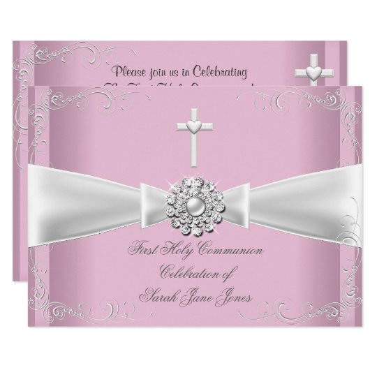 Girl First Holy Communion pink White Silver Invitation | Zazzle.com