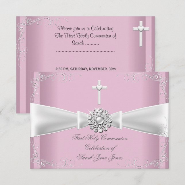 Girl First Holy Communion pink White Silver Invitation (Front/Back)