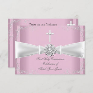 Girl First Holy Communion pink White Silver Invitation