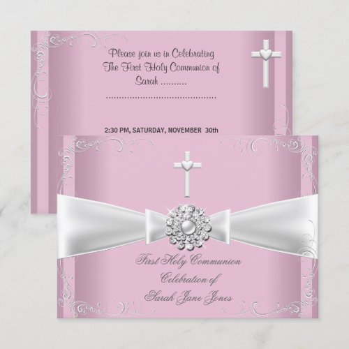 Girl First Holy Communion pink White Silver Invitations