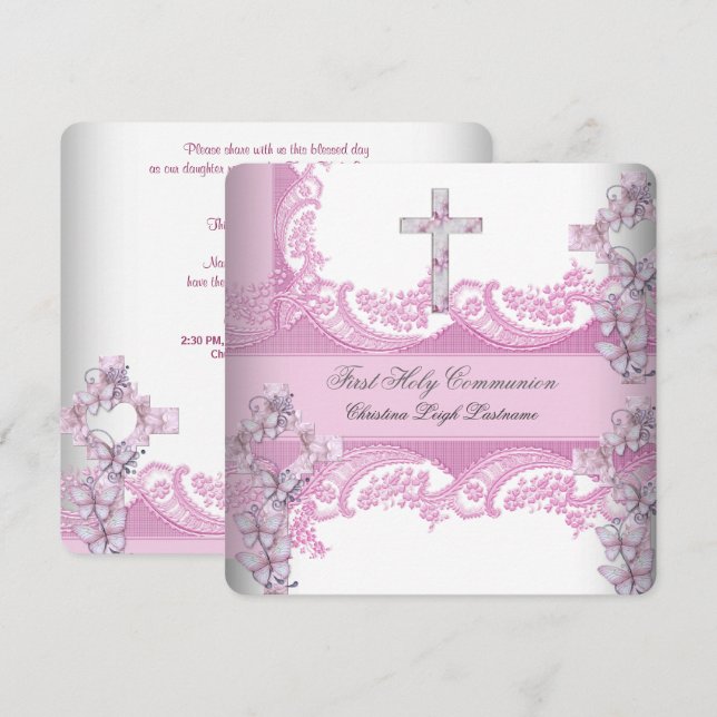 Girl First Holy Communion Pretty Lace Pink Invitation (Front/Back)