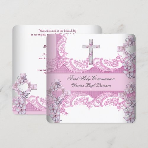 Girl First Holy Communion Pretty Lace Pink Custom Announcements