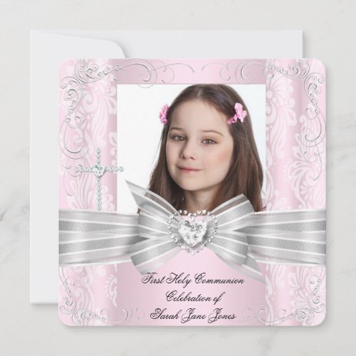 Girl First Holy Communion Pretty Pink Photo 2 Invitation