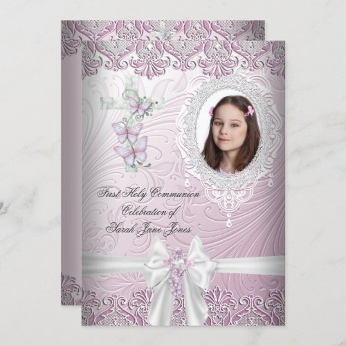 Girl First Holy Communion Pretty Pink Photo Invitation