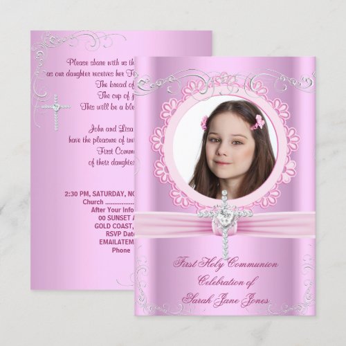 Girl First Holy Communion Pretty Pink Photo Personalized Invite