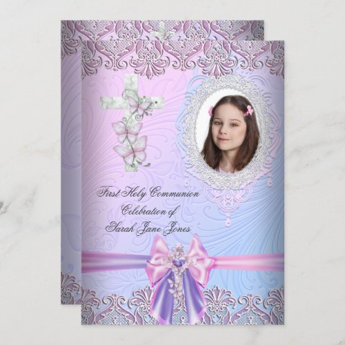 Girl First Holy Communion Pretty Pink Photo Invitation