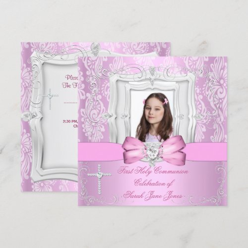 Girl First Holy Communion Pretty Pink Photo Personalized Announcements