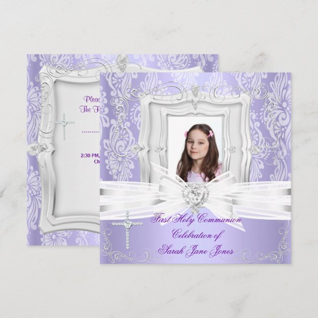 Girl First Holy Communion Pretty Purple Photo Invitation (Front/Back)