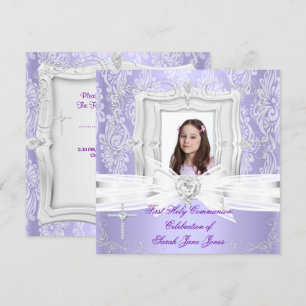 Girl First Holy Communion Pretty Purple Photo Invitation