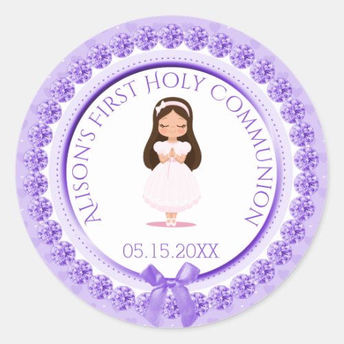 Girl First Holy Communion Purple Jewels Classic Round Sticker