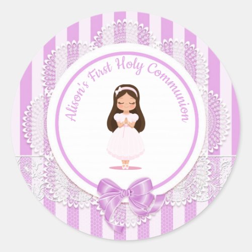 Girl First Holy Communion Purple Lace Classic Round Sticker
