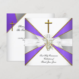 Girl First Holy Communion Purple White Floral Invitation