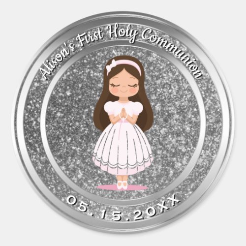 Girl First Holy Communion Silver Glitter Classic Round Sticker