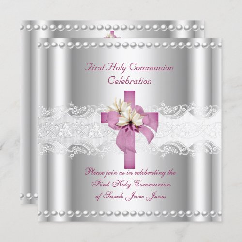 Girl First Holy Communion Silver Lace Pink Pearl Invitation