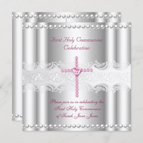 Girl First Holy Communion Silver Lace Pink Pearl Invitation