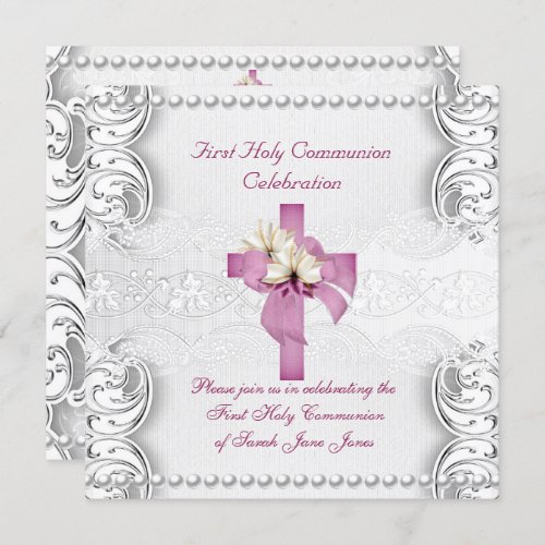 Girl First Holy Communion Silver Lace Pink Pearl Invitation