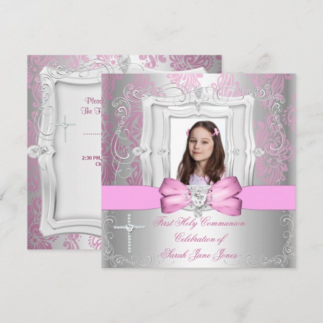 Girl First Holy Communion Silver Pink Photo Invitation (Front/Back)