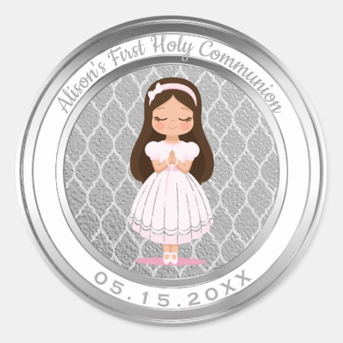 Girl First Holy Communion Silver Quatrefoil Classic Round Sticker
