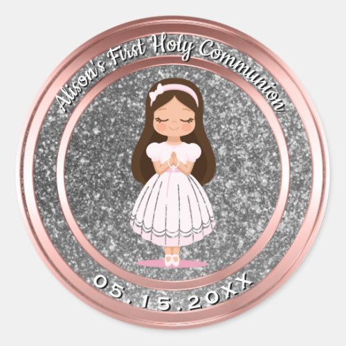 Girl First Holy Communion Silver Rose Gold Classic Round Sticker