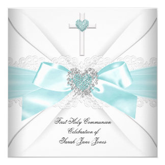 Girl First Holy Communion Teal White Heart Card