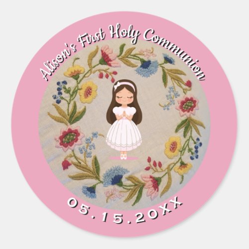 Girl First Holy Communion Vintage Flowers Classic Round Sticker