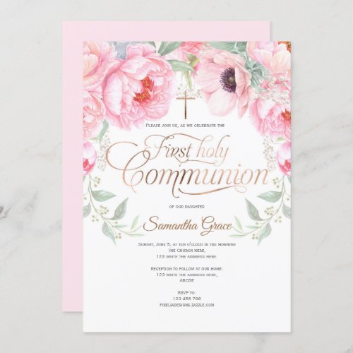 Girl First Holy Communion Watercolor Flowers Invitation