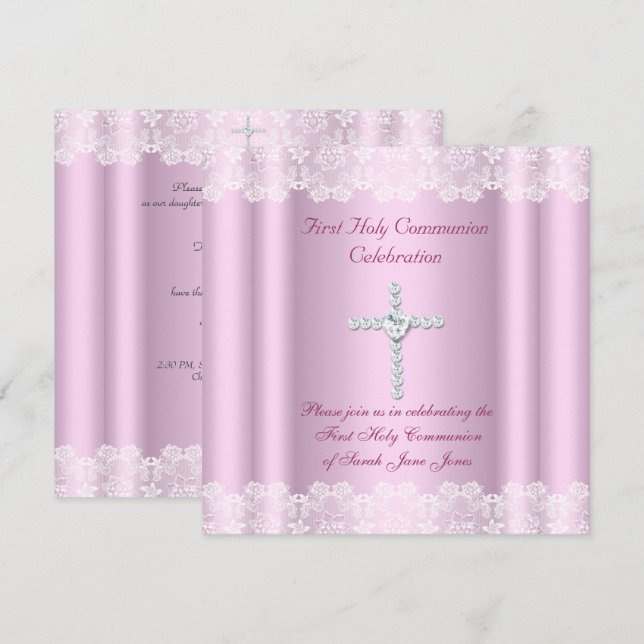 Girl First Holy Communion White Lace Pink Cross Invitation (Front/Back)
