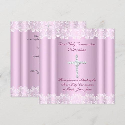 Girl First Holy Communion White Lace Pink Cross Announcement