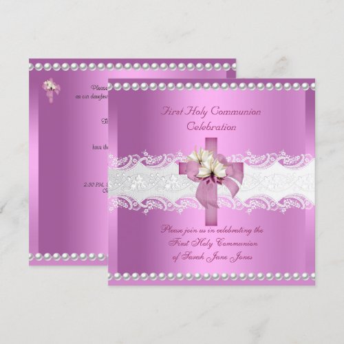 Girl First Holy Communion White Lace Pink Pearl Announcement