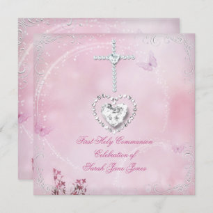 Girl First Holy Communion White Pink butterfly Invitation