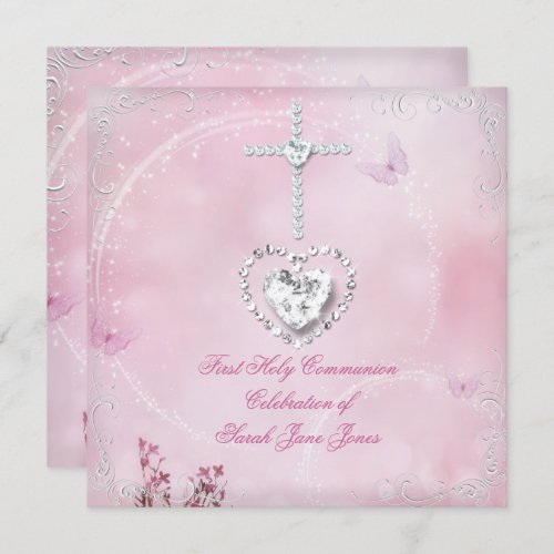 Girl First Holy Communion White Pink butterfly Invitation