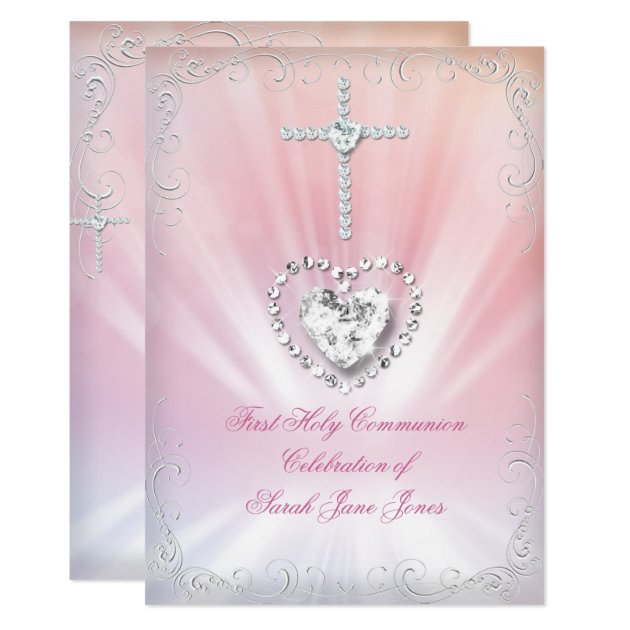 Girl First Holy Communion White Pink Heavenly 2 Invitation