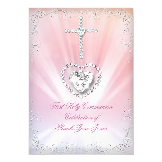 Girl First Holy Communion White Pink Heavenly 2 Invitation